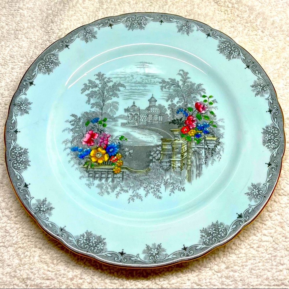 Aynsley Queens Garden Blue Enameled Scalloped Bread Plate vintage. - Picture 5 of 15